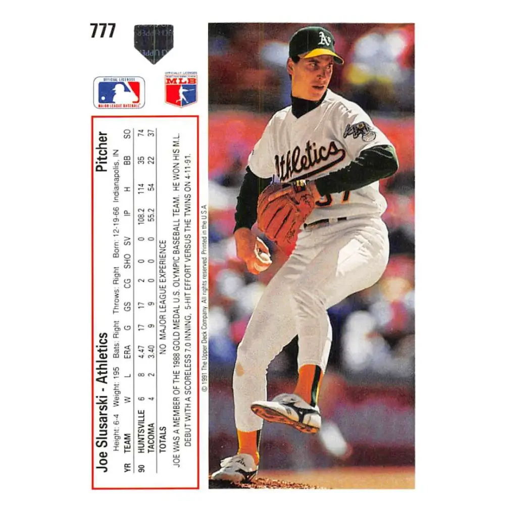 1991 Upper Deck #777 Joe Slusarski EX Excellent RC Rookie Oakland Athletics Baseball Card  Image 2