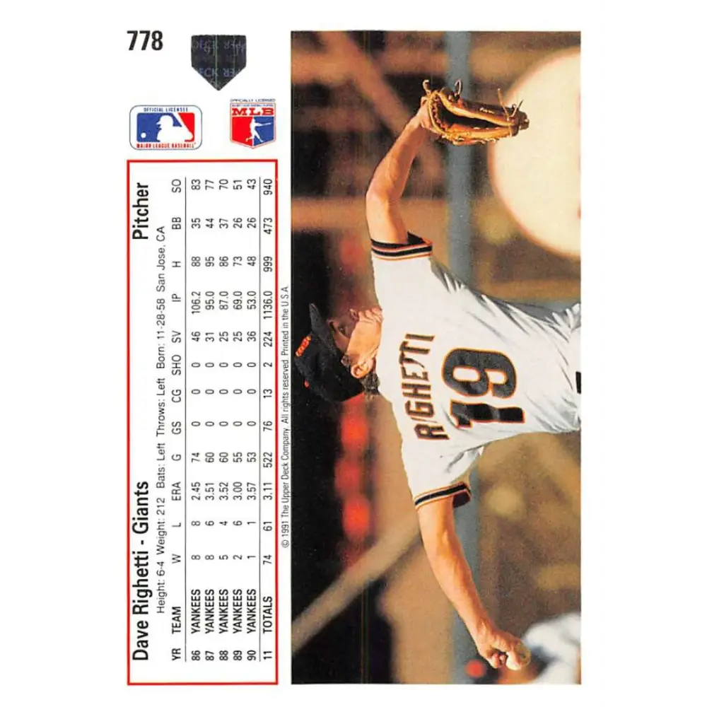 1991 Upper Deck #778 Dave Righetti NM-MT San Francisco Giants Baseball Card Image 2