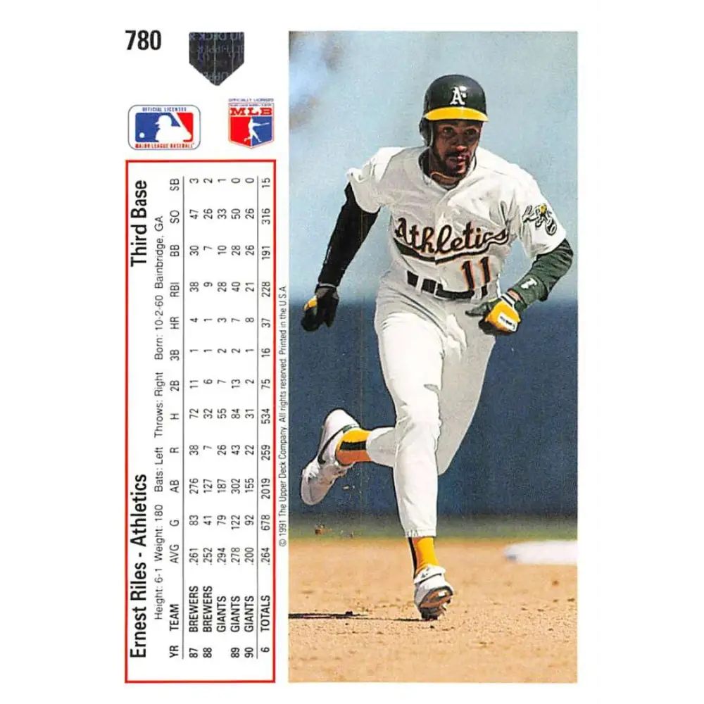 1991 Upper Deck #780 Ernest Riles EX Excellent Oakland Athletics Baseball Card  Image 2