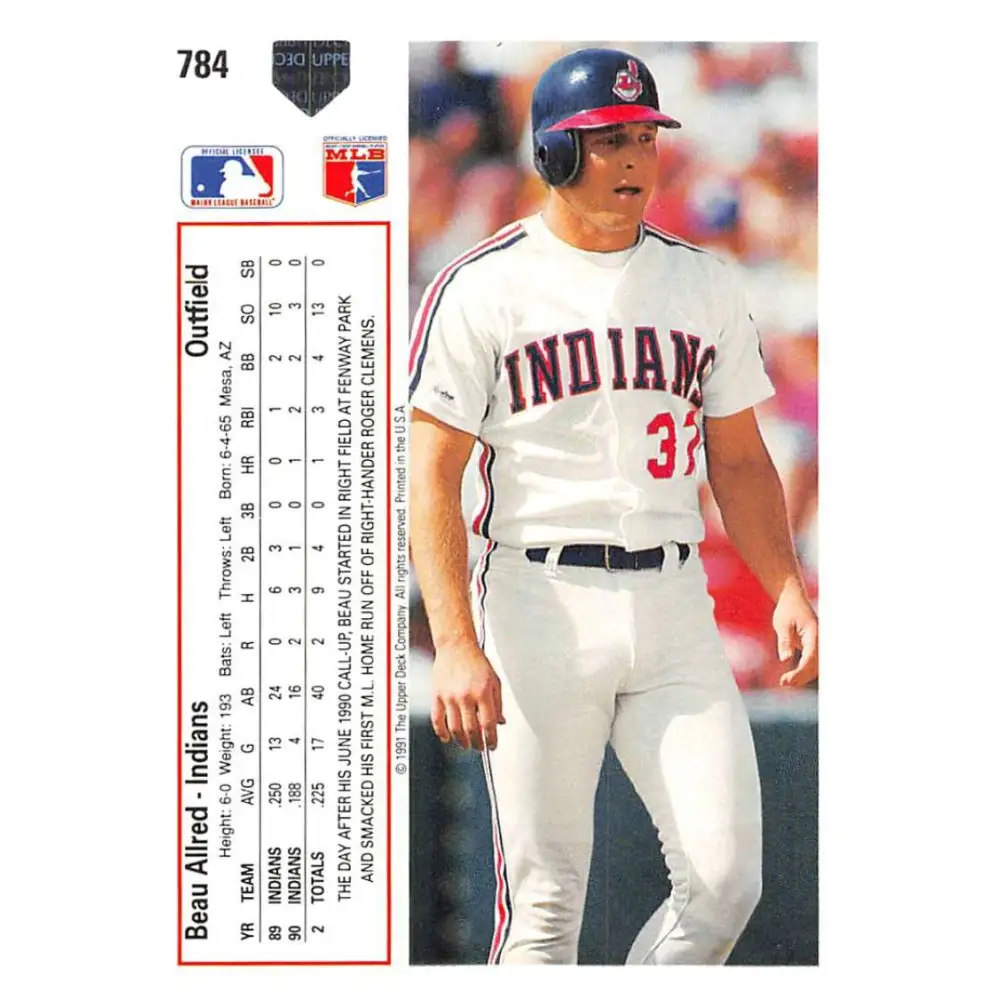 1991 Upper Deck #784 Beau Allred EX Excellent Cleveland Indians Baseball Card  Image 2