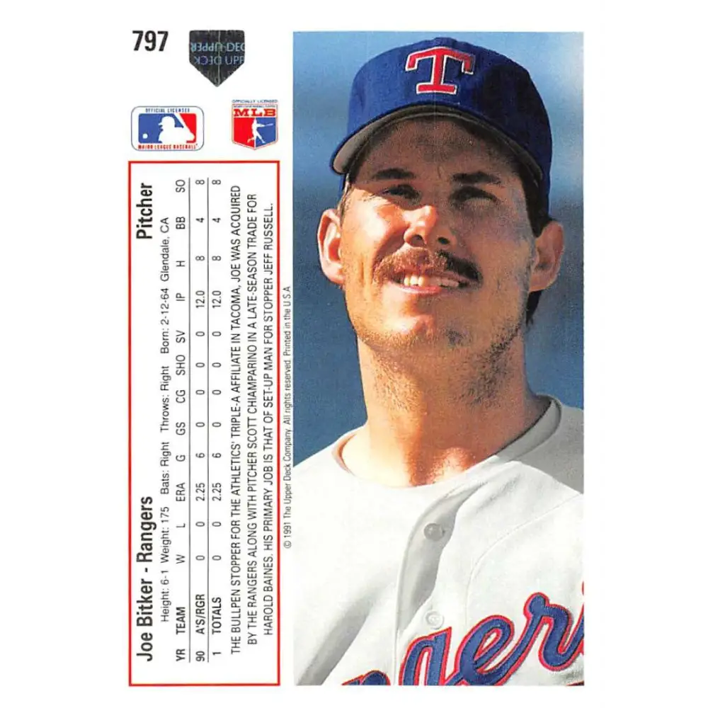 1991 Upper Deck #797 Joe Bitker EX Excellent RC Rookie Texas Rangers Baseball Card  Image 2