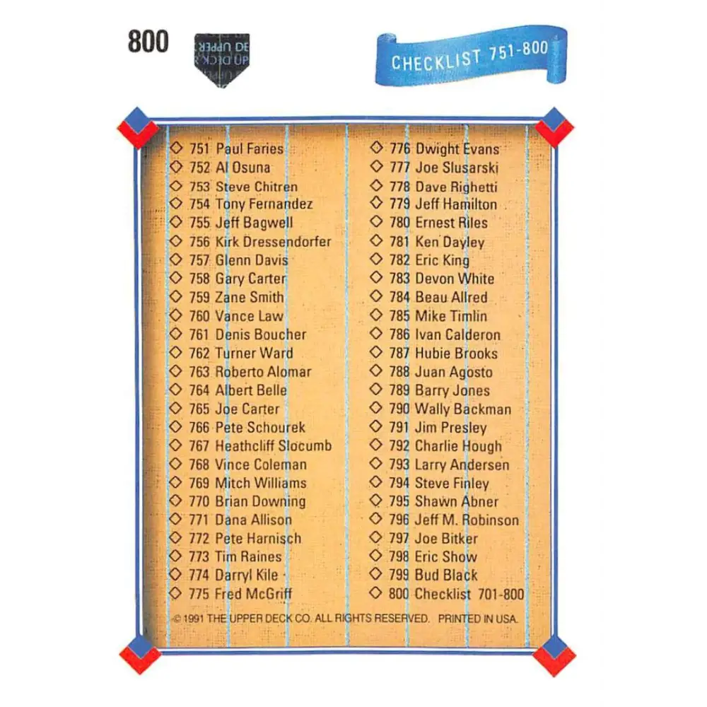 1991 Upper Deck #800 Checklist 701-800 NM-MT Checklist Baseball Card Image 2