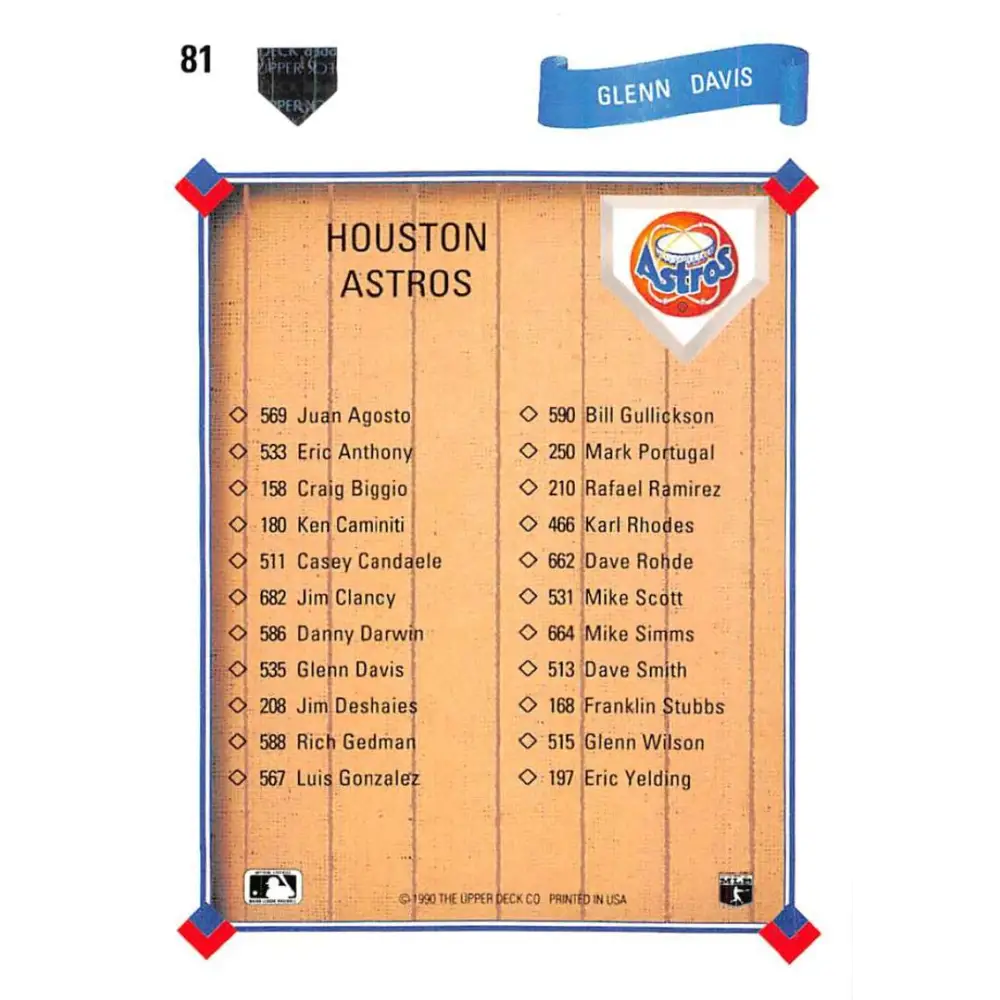 1991 Upper Deck #81 Glenn Davis EX Excellent Houston Astros Baseball Card  Image 2