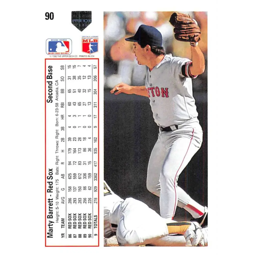 1991 Upper Deck #90 Marty Barrett NM-MT Boston Red Sox Baseball Card Image 2