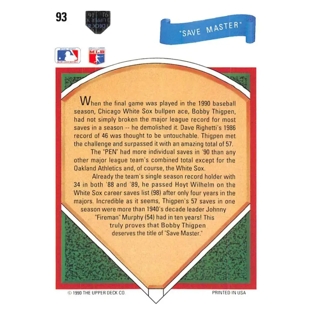 1991 Upper Deck #93 Bobby Thigpen EX Excellent Chicago White Sox Baseball Card  Image 2