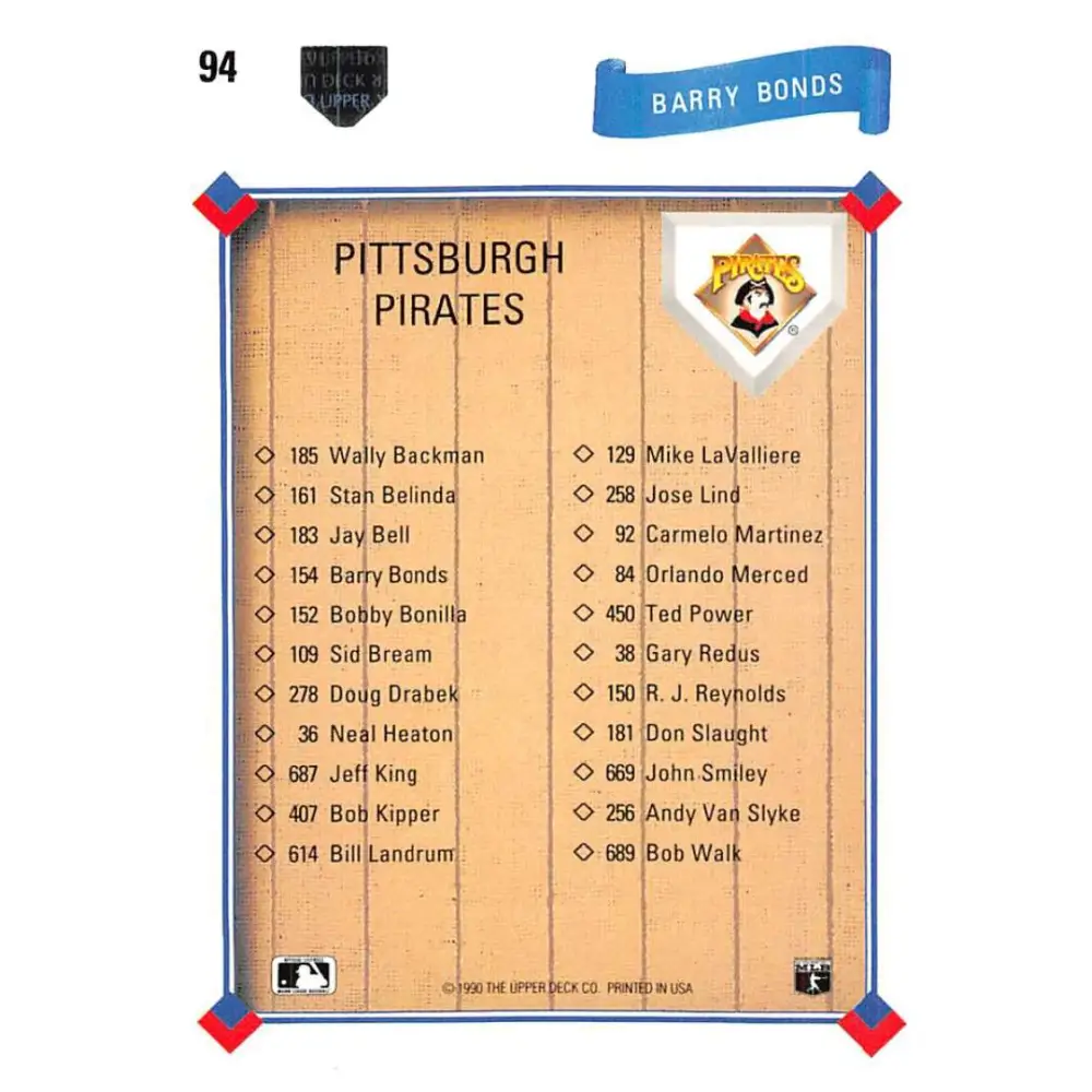 1991 Upper Deck #94 Barry Bonds TC NM-MT Pittsburgh Pirates Baseball Card Image 2