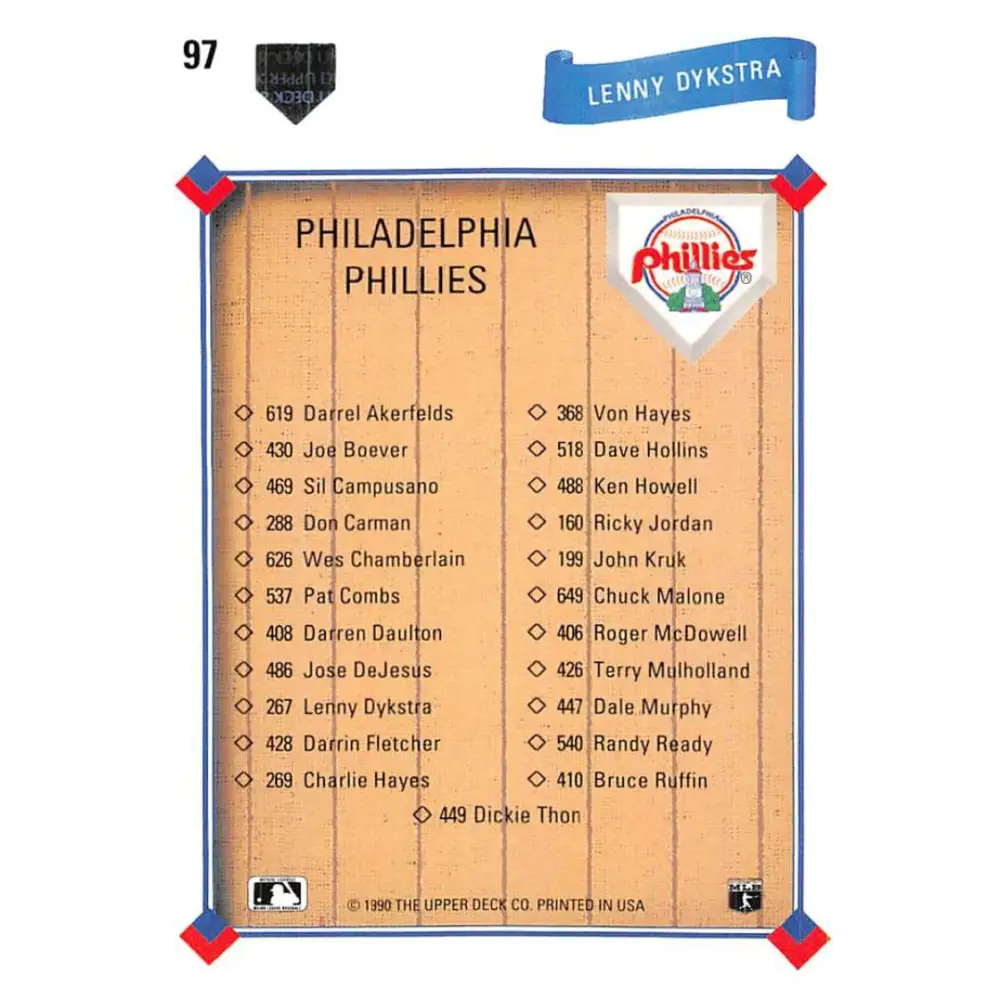 1991 Upper Deck #97 Lenny Dykstra TC NM-MT Philadelphia Phillies Baseball Card Image 2