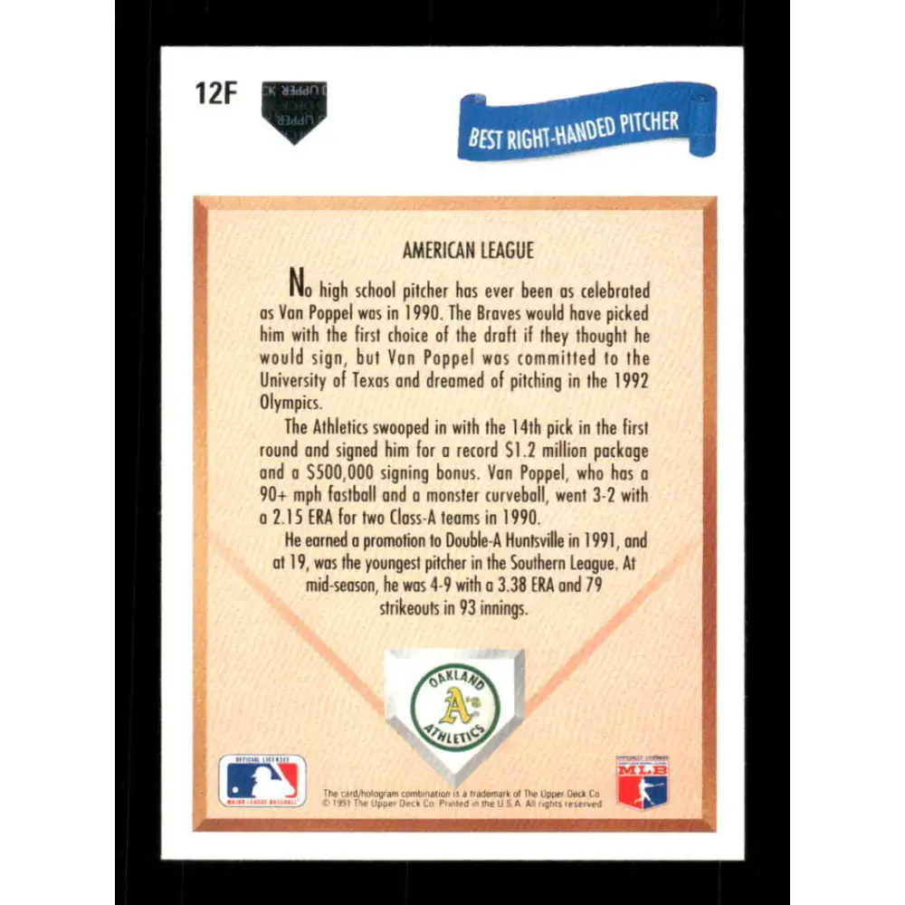 1991 Upper Deck Final Edition #12 Todd Van Poppel EX Excellent Oakland Athletics Baseball Card  Image 2