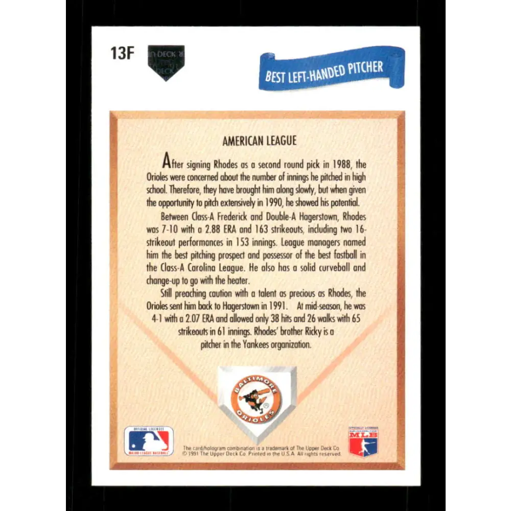 1991 Upper Deck Final Edition #13 Arthur Rhodes EX Excellent RC Rookie Baltimore Orioles Baseball Card  Image 2
