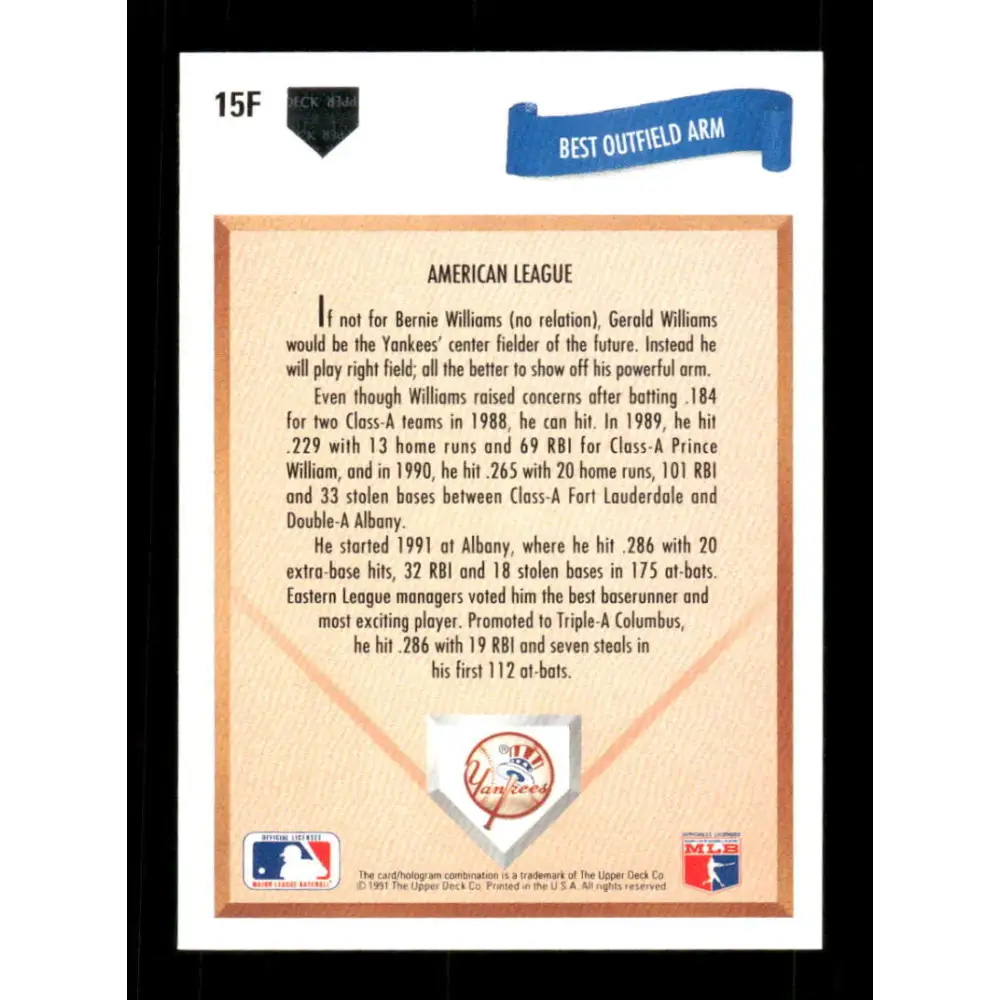 1991 Upper Deck Final Edition #15 Gerald Williams EX Excellent RC Rookie New York Yankees Baseball Card  Image 2