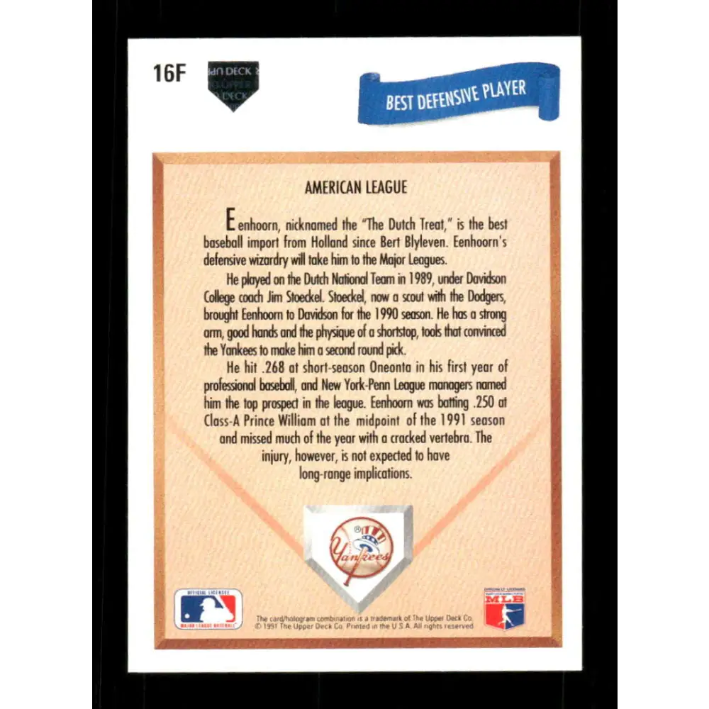 1991 Upper Deck Final Edition #16 Robert Eenhoorn EX Excellent RC Rookie New York Yankees Baseball Card  Image 2