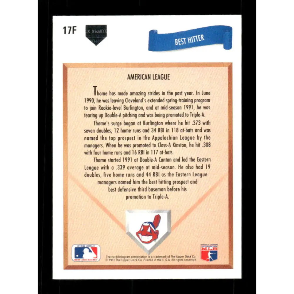 1991 Upper Deck Final Edition #17 Jim Thome EX Excellent RC Rookie Cleveland Indians Baseball Card  Image 2