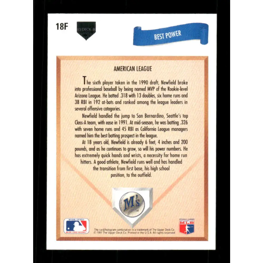 1991 Upper Deck Final Edition #18 Marc Newfield EX Excellent RC Rookie Seattle Mariners Baseball Card  Image 2