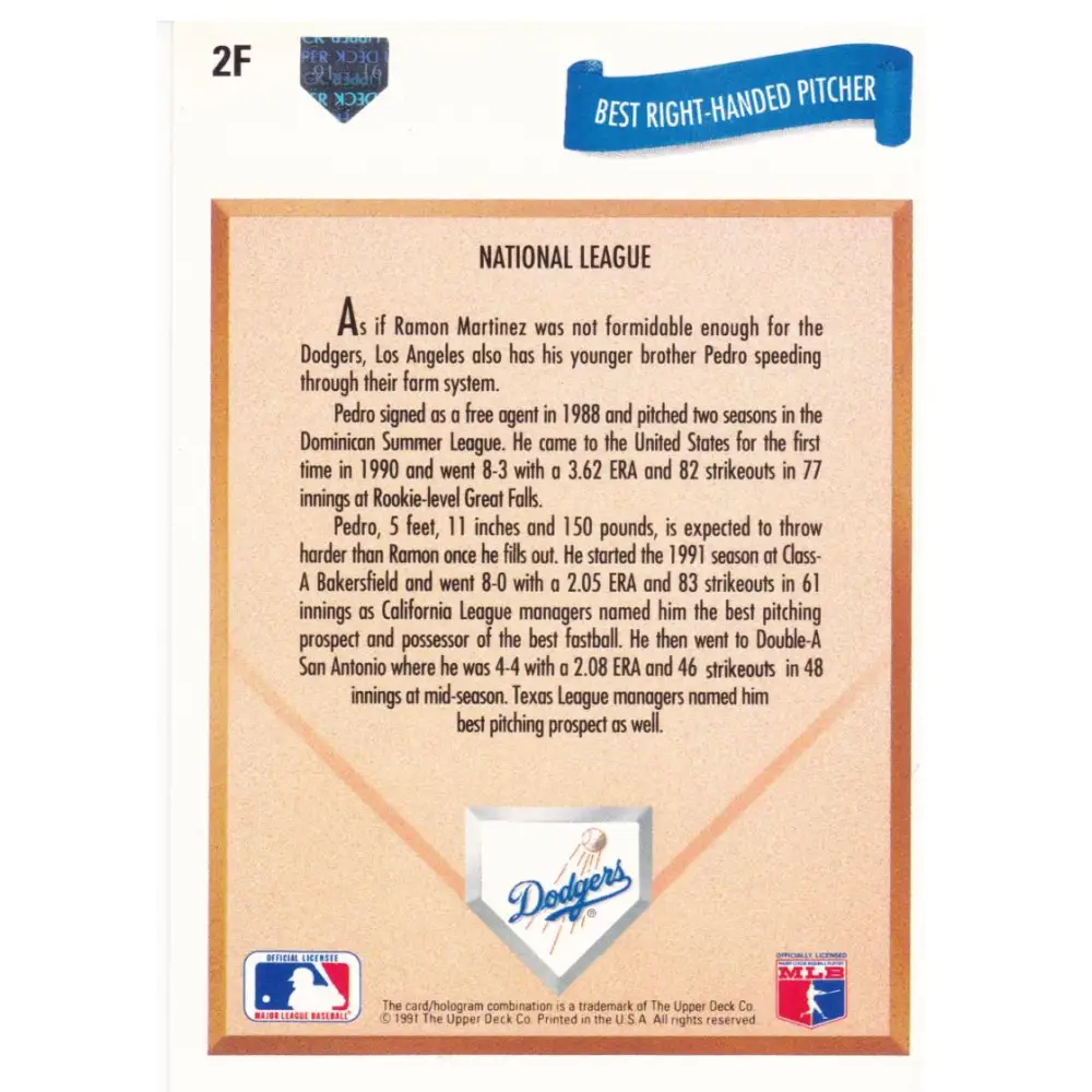1991 Upper Deck Final Edition #2 Pedro Martinez EX Excellent RC Rookie Los Angeles Dodgers Baseball Card  Image 2