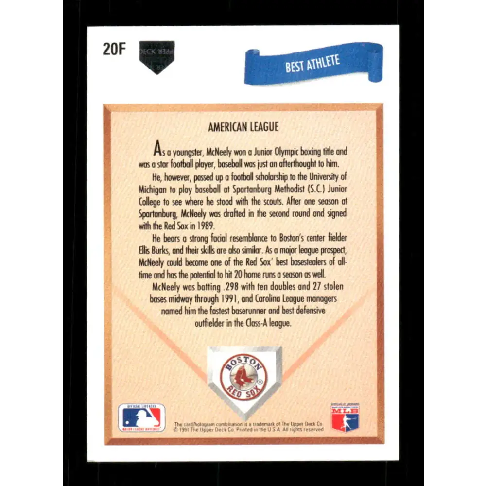 1991 Upper Deck Final Edition #20 Jeff McNeely EX Excellent RC Rookie Boston Red Sox Baseball Card  Image 2