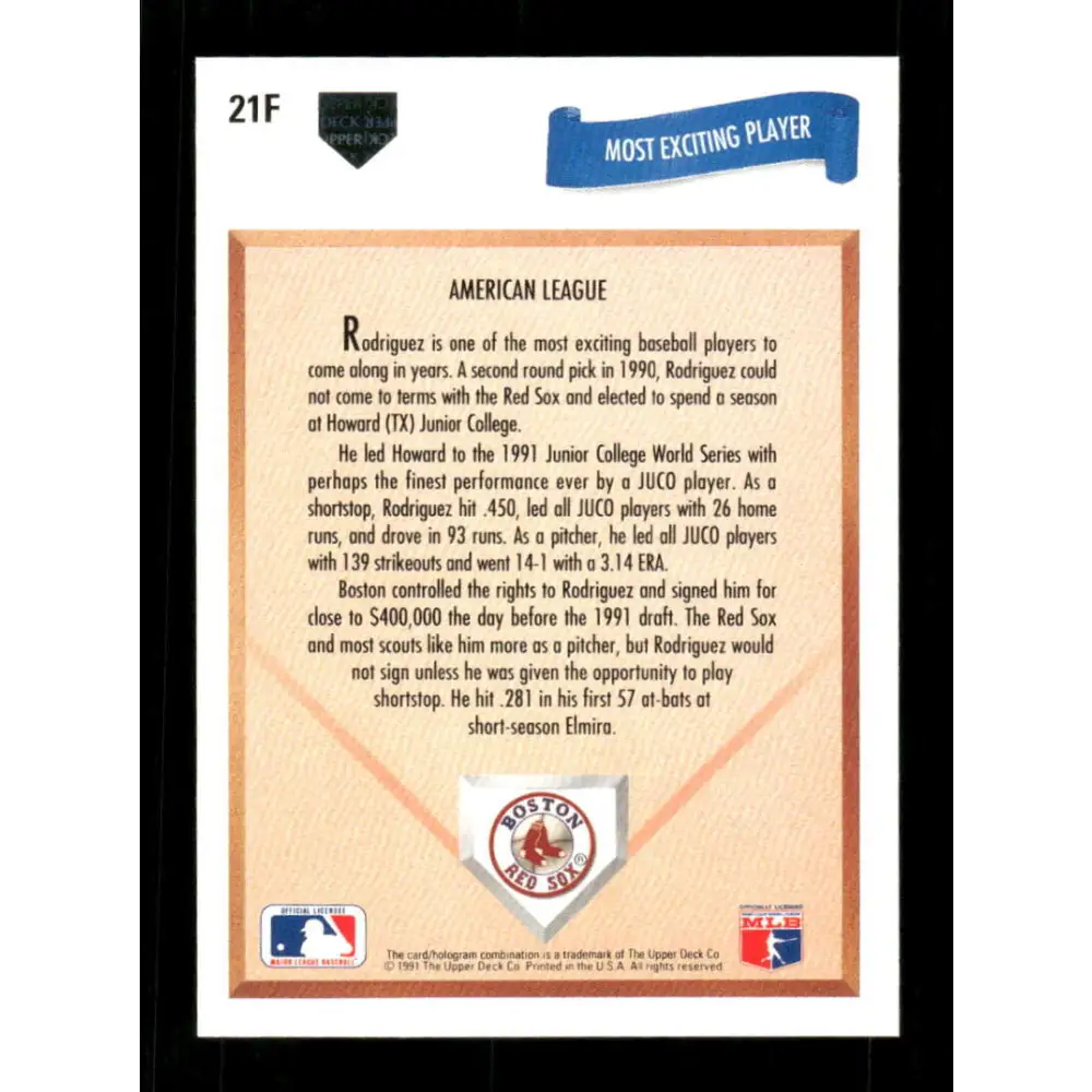 1991 Upper Deck Final Edition #21 Frank Rodriguez EX Excellent RC Rookie Boston Red Sox Baseball Card  Image 2