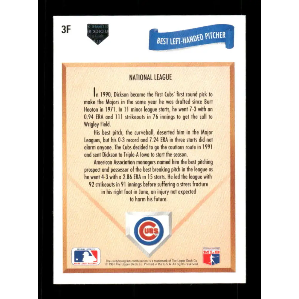 1991 Upper Deck Final Edition #3 Lance Dickson EX Excellent Chicago Cubs Baseball Card  Image 2
