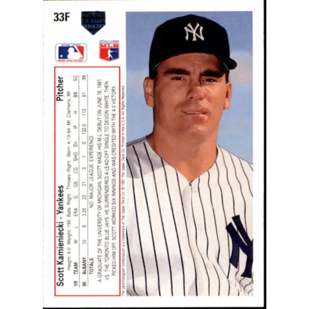 1991 Upper Deck Final Edition #33 Scott Kamieniecki EX Excellent RC Rookie New York Yankees Baseball Card  Image 2