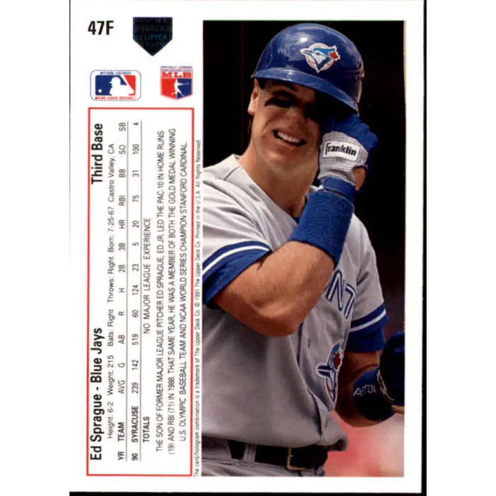 1991 Upper Deck Final Edition #47 Ed Sprague EX Excellent Toronto Blue Jays Baseball Card  Image 2