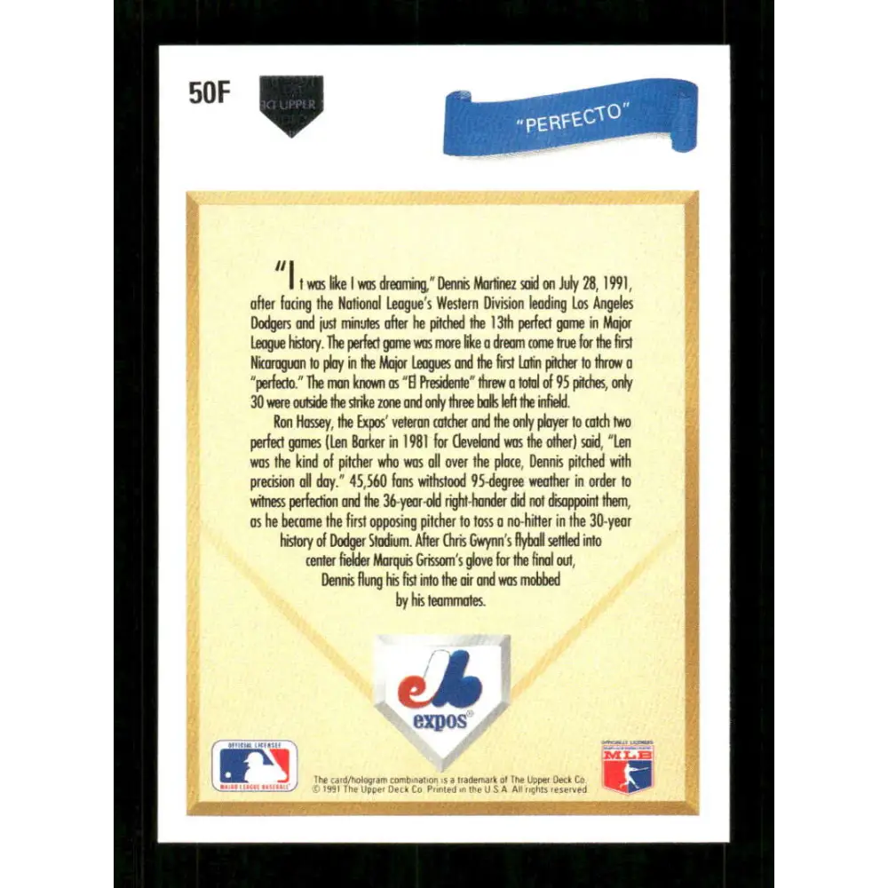 1991 Upper Deck Final Edition #50 Dennis Martinez EX Excellent Montreal Expos Baseball Card  Image 2