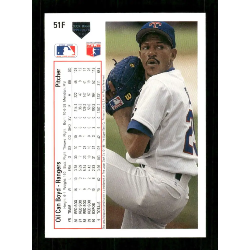 1991 Upper Deck Final Edition #51 Oil Can Boyd EX Excellent Texas Rangers Baseball Card  Image 2