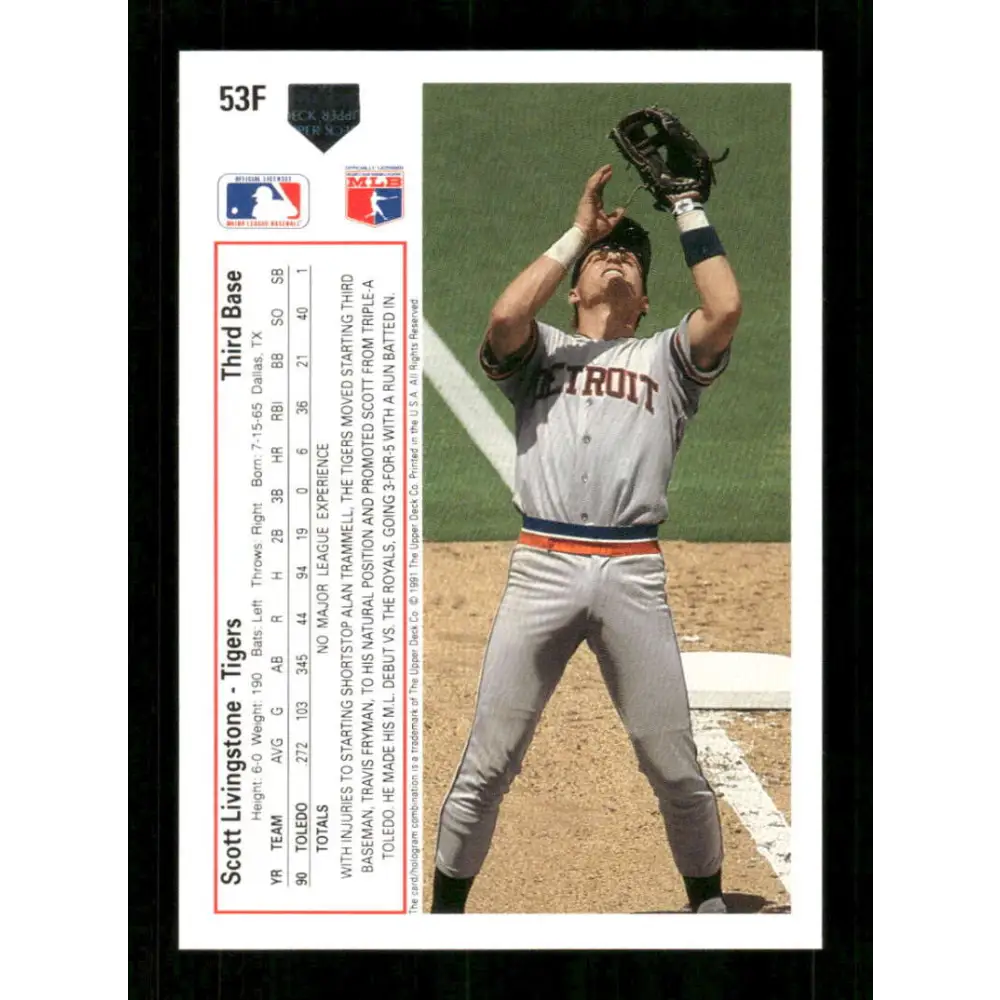 1991 Upper Deck Final Edition #53 Scott Livingstone EX Excellent RC Rookie Detroit Tigers Baseball Card  Image 2