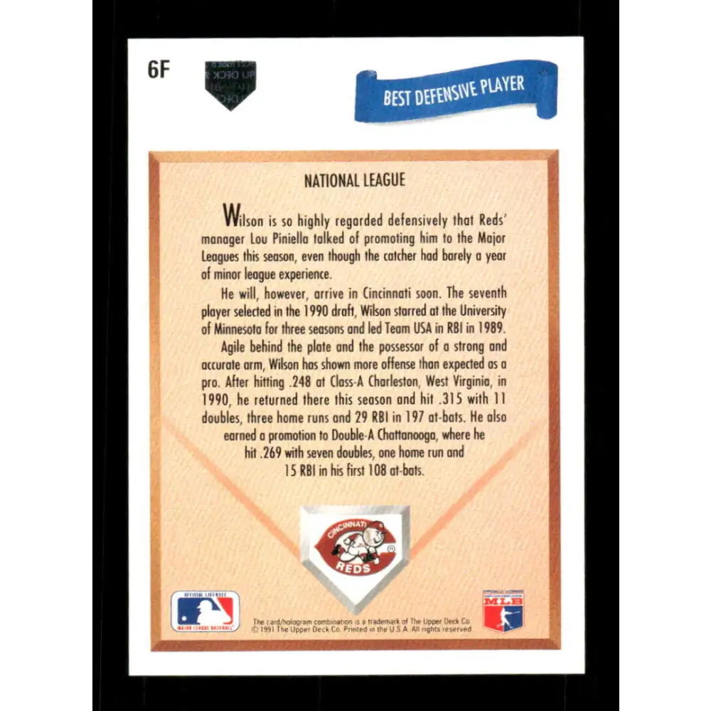 1991 Upper Deck Final Edition #6 Dan Wilson EX Excellent RC Rookie Cincinnati Reds Baseball Card  Image 2