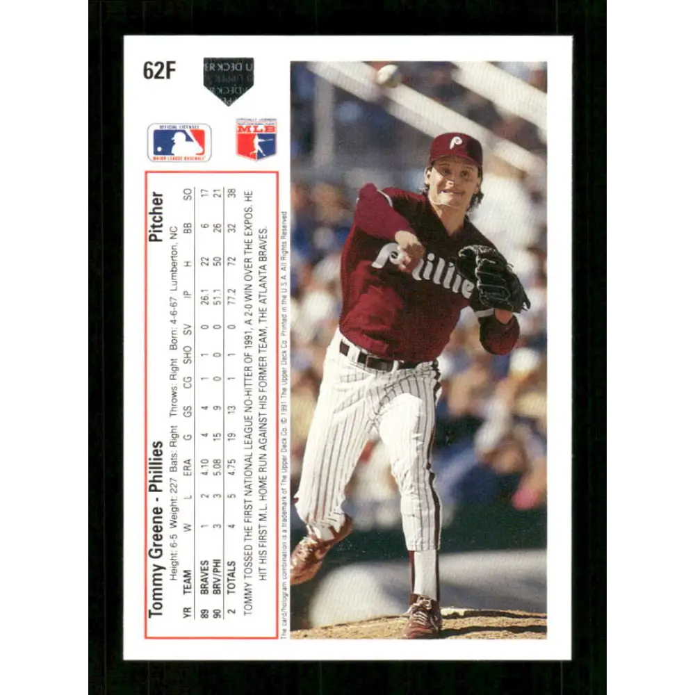1991 Upper Deck Final Edition #62 Tommy Greene EX Excellent Philadelphia Phillies Baseball Card  Image 2