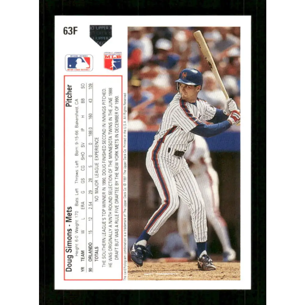 1991 Upper Deck Final Edition #63 Doug Simons EX Excellent RC Rookie New York Mets Baseball Card  Image 2