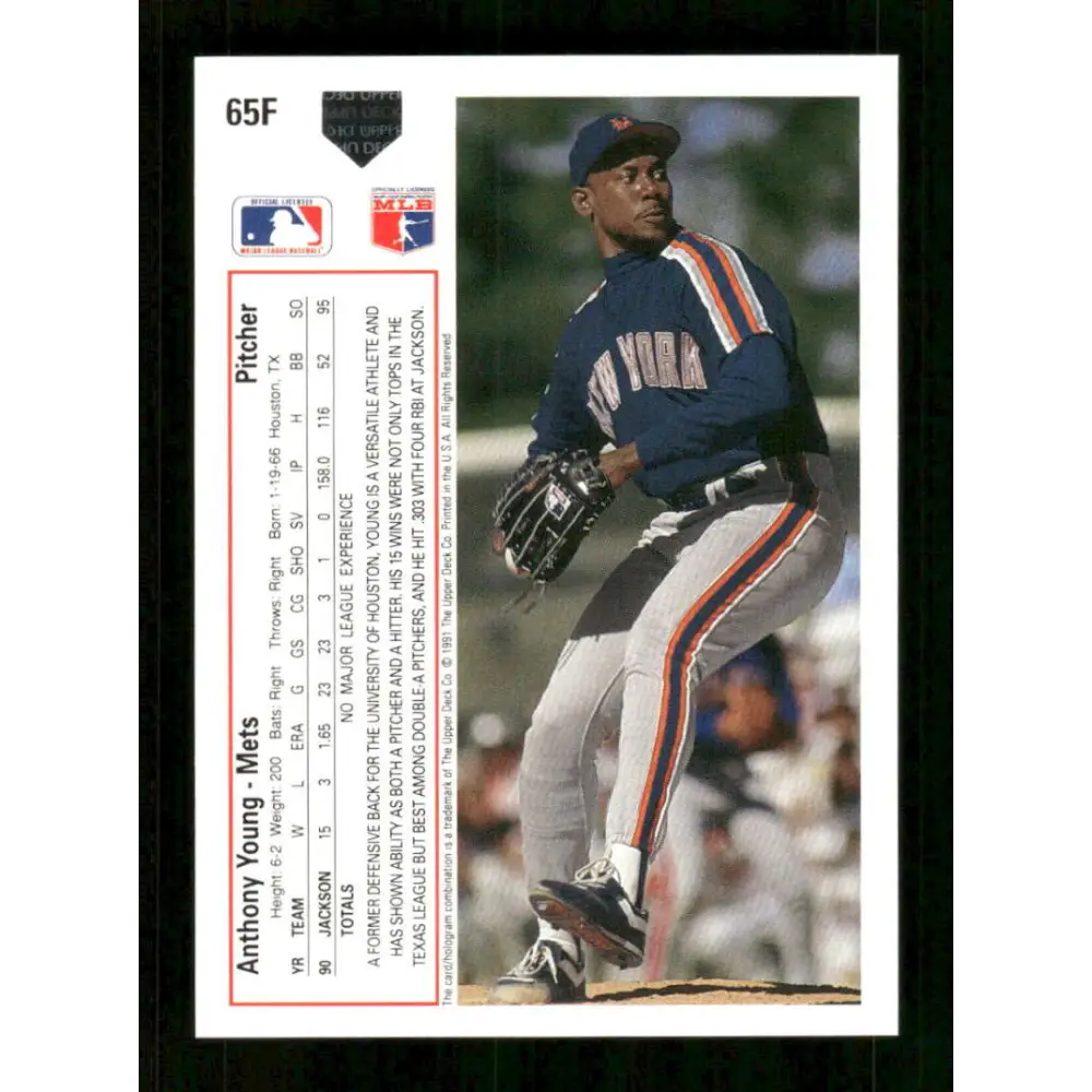 1991 Upper Deck Final Edition #65 Anthony Young EX Excellent RC Rookie New York Mets Baseball Card  Image 2