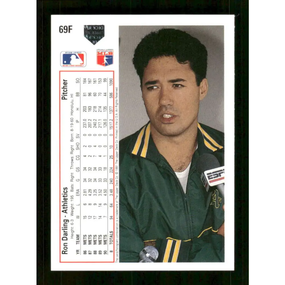 1991 Upper Deck Final Edition #69 Ron Darling EX Excellent Oakland Athletics Baseball Card  Image 2