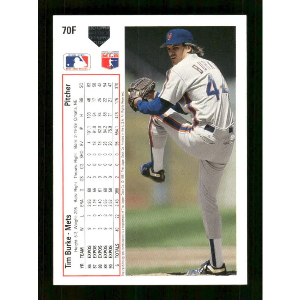 1991 Upper Deck Final Edition #70 Tim Burke EX Excellent New York Mets Baseball Card  Image 2
