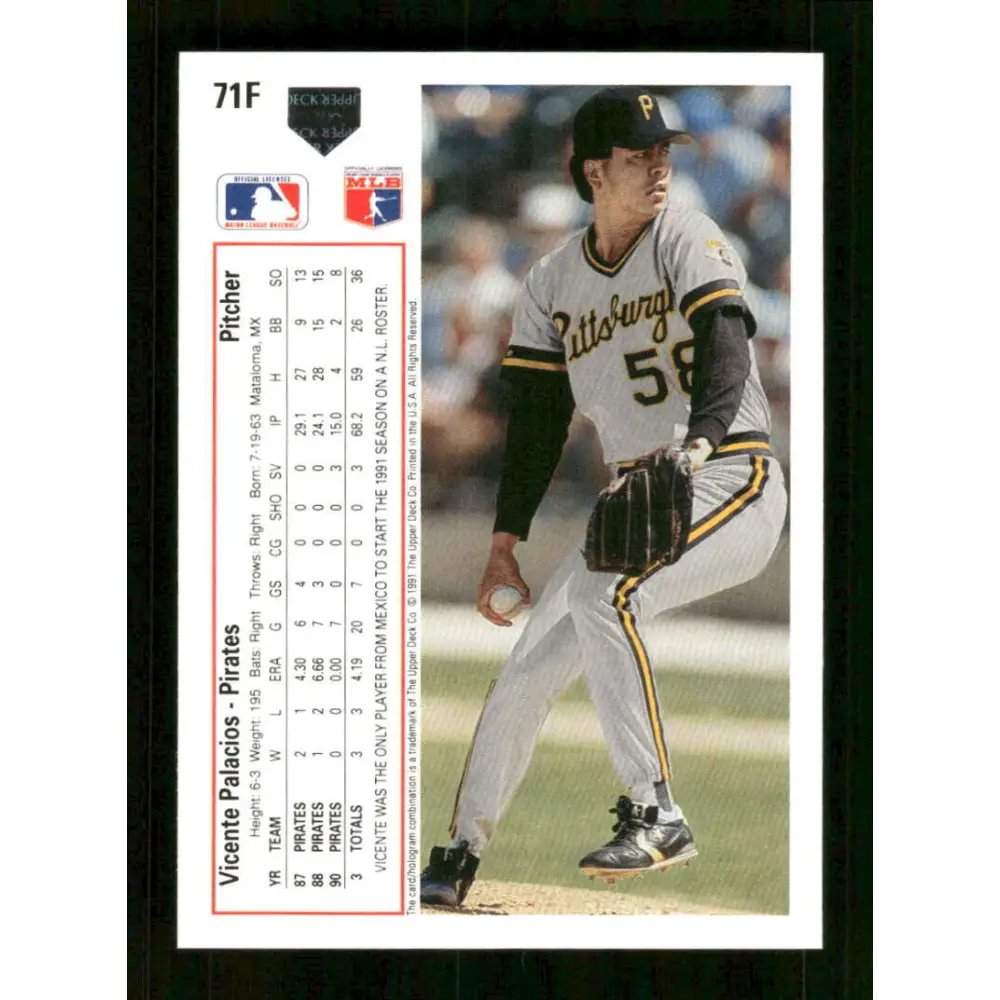 1991 Upper Deck Final Edition #71 Vicente Palacios EX Excellent Pittsburgh Pirates Baseball Card  Image 2