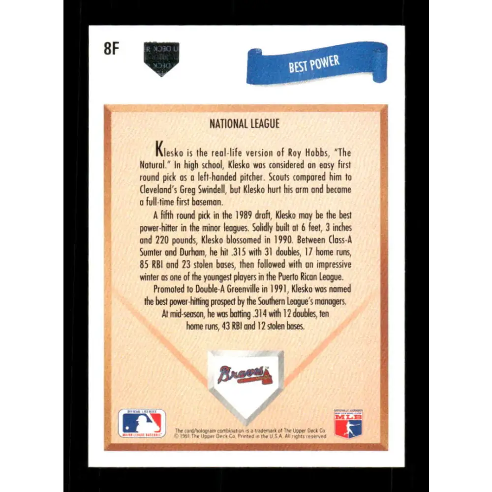 1991 Upper Deck Final Edition #8 Ryan Klesko EX Excellent RC Rookie Atlanta Braves Baseball Card  Image 2