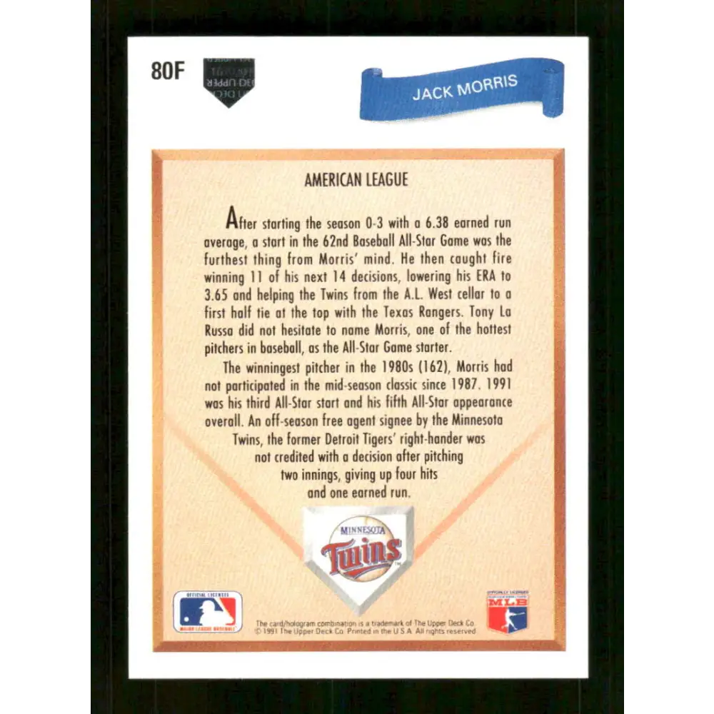 1991 Upper Deck Final Edition #80 Jack Morris EX Excellent Minnesota Twins Baseball Card  Image 2