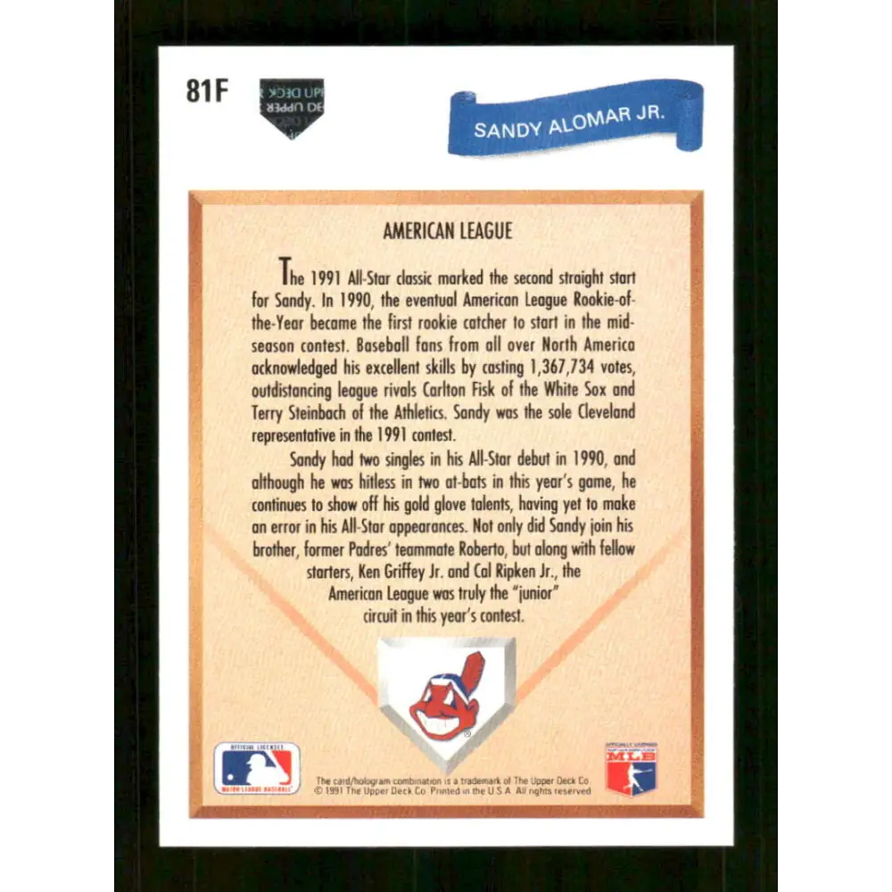 1991 Upper Deck Final Edition #81 Sandy Alomar Jr. EX Excellent Cleveland Indians Baseball Card  Image 2