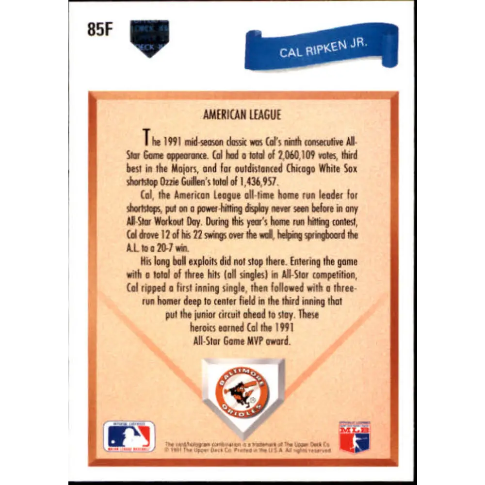 1991 Upper Deck Final Edition #85 Cal Ripken Jr. EX Excellent Baltimore Orioles Baseball Card  Image 2