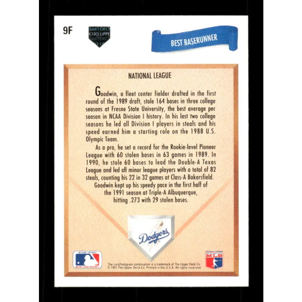 1991 Upper Deck Final Edition #9 Tom Goodwin EX Excellent Los Angeles Dodgers Baseball Card  Image 2