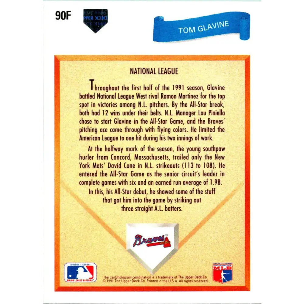 1991 Upper Deck Final Edition #90 Tom Glavine EX Excellent Atlanta Braves Baseball Card  Image 2