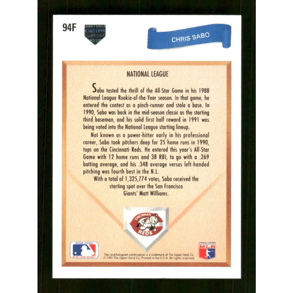 1991 Upper Deck Final Edition #94 Chris Sabo EX Excellent Cincinnati Reds Baseball Card  Image 2