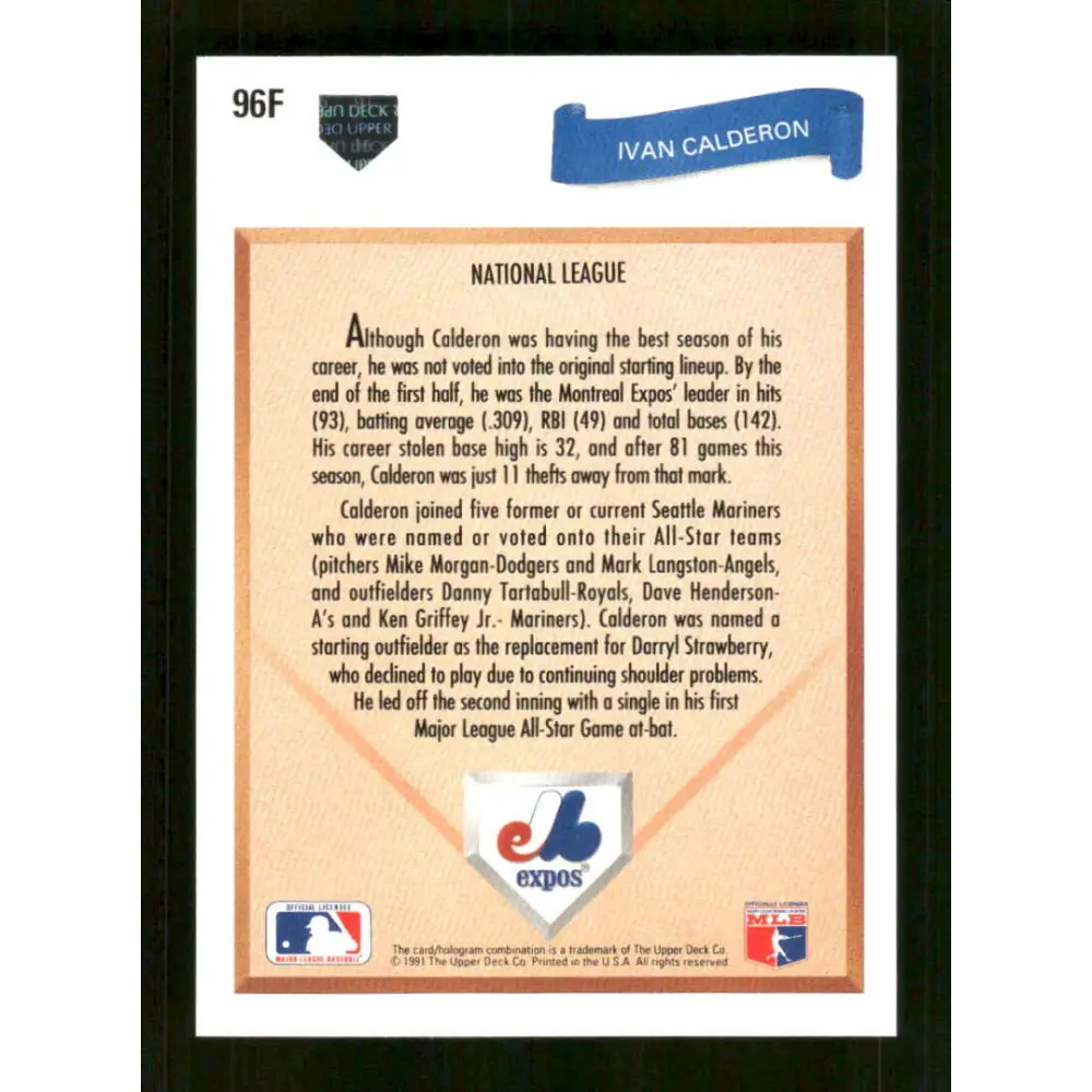 1991 Upper Deck Final Edition #96 Ivan Calderon EX Excellent Montreal Expos Baseball Card  Image 2