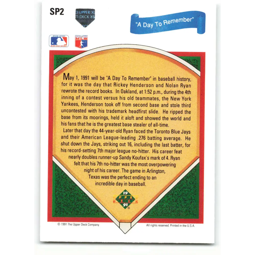 1991 Upper Deck #SP2 Nolan Ryan/Rickey Henderson EX Excellent Texas Rangers/Oakland Athletics Baseball Card  Image 2