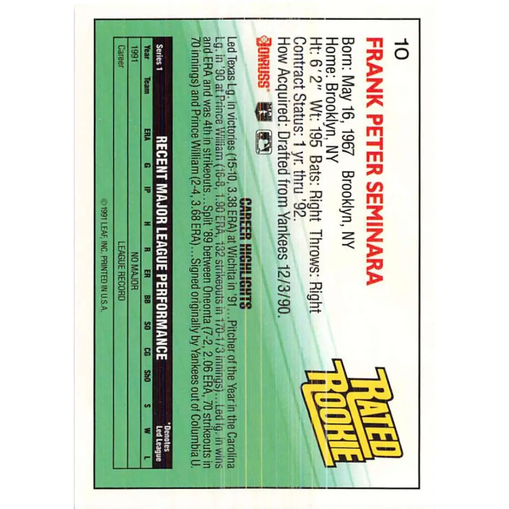 1992 Donruss #10 Frank Seminara RR NM-MT RC Rookie San Diego Padres Baseball Card Image 2