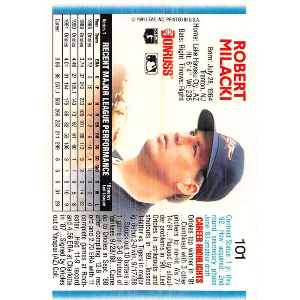 1992 Donruss #101 Bob Milacki NM-MT Baltimore Orioles Baseball Card Image 2
