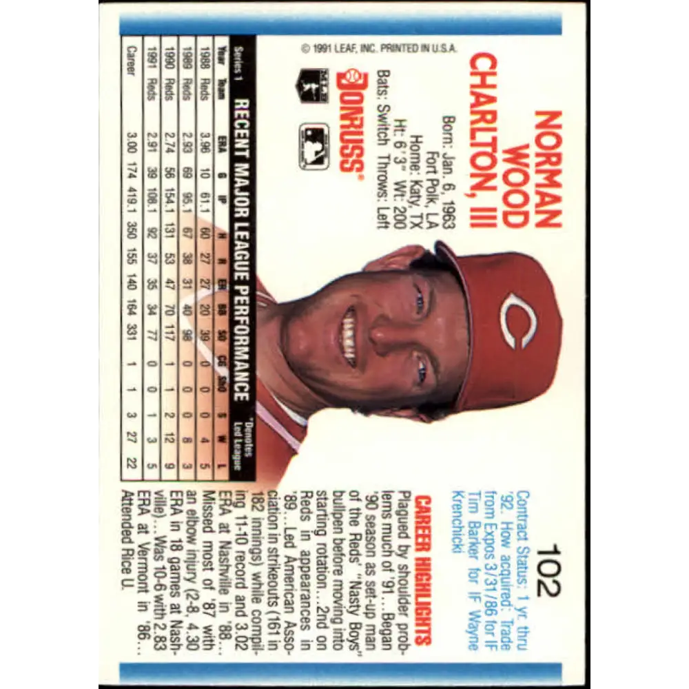 1992 Donruss #102 Norm Charlton NM-MT Cincinnati Reds Baseball Card Image 2