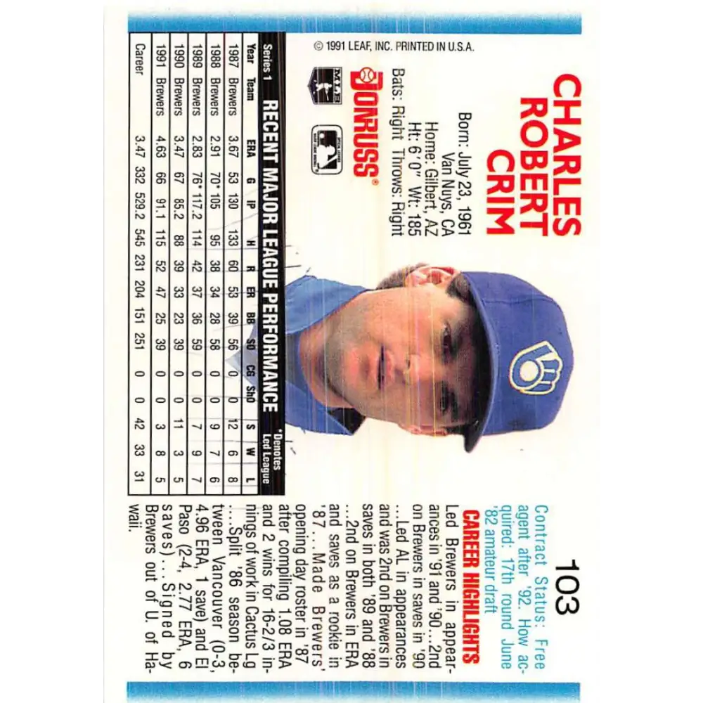 1992 Donruss #103 Chuck Crim NM-MT Milwaukee Brewers Baseball Card Image 2
