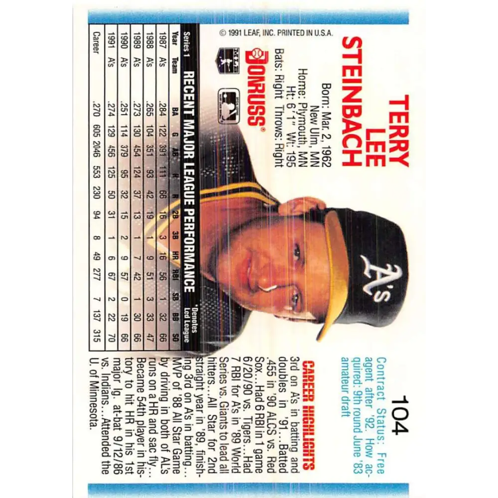1992 Donruss #104 Terry Steinbach NM-MT Oakland Athletics Baseball Card Image 2
