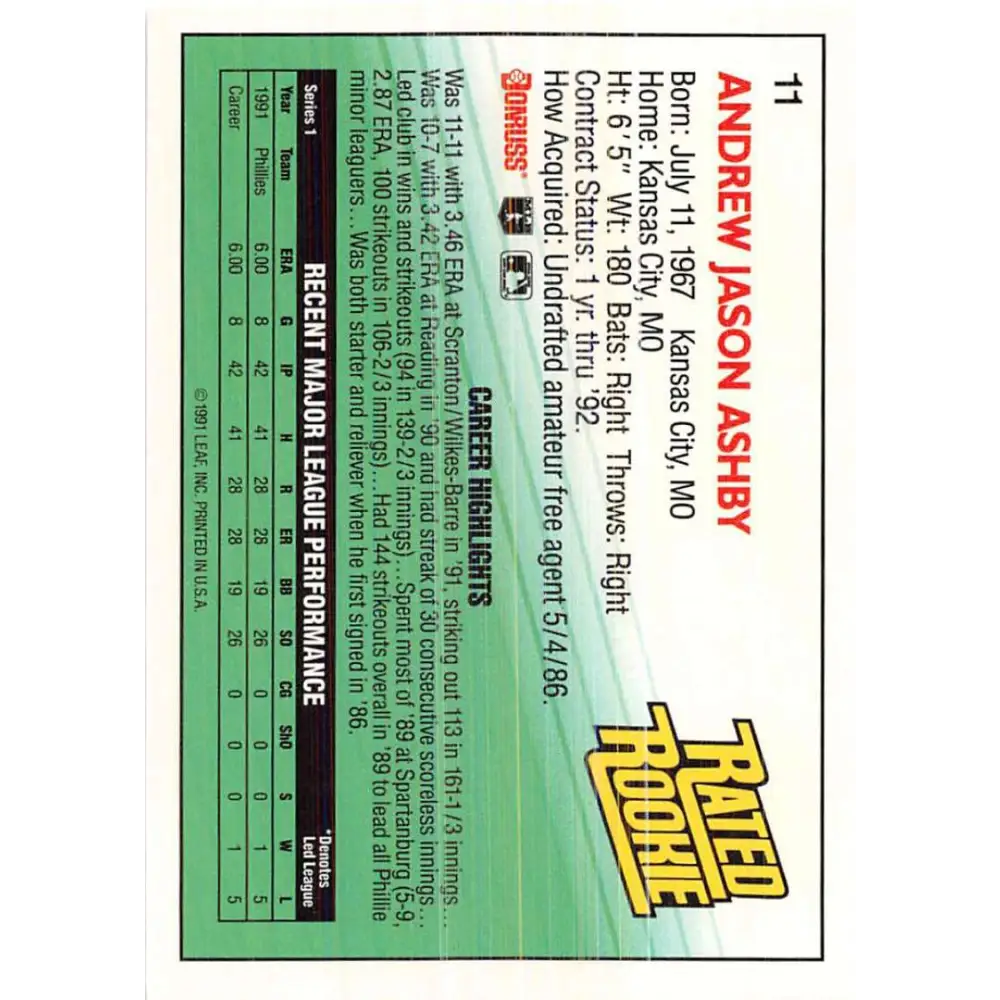 1992 Donruss #11 Andy Ashby RR NM-MT Philadelphia Phillies Baseball Card Image 2