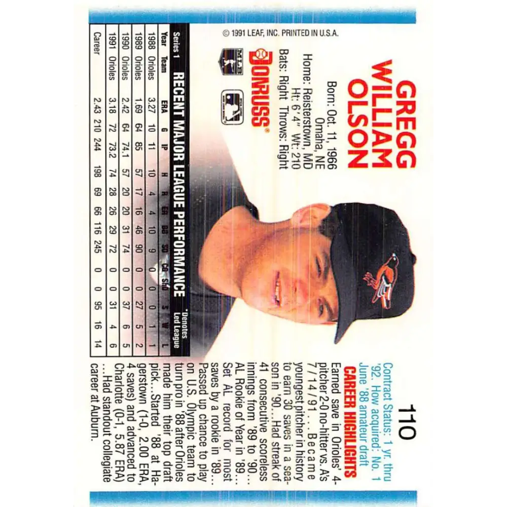 1992 Donruss #110 Gregg Olson NM-MT Baltimore Orioles Baseball Card Image 2