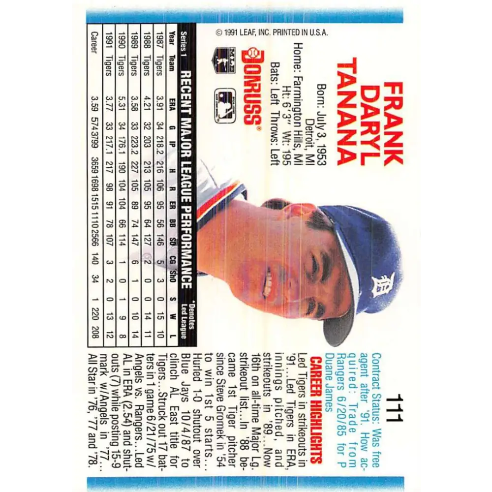 1992 Donruss #111 Frank Tanana NM-MT Detroit Tigers Baseball Card Image 2